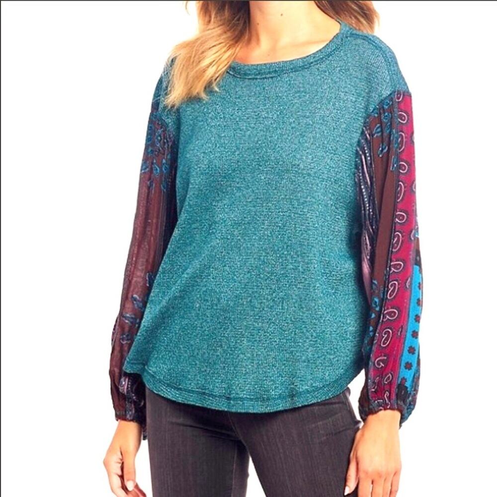 For The Republic Teal Knit Top with Patterned Sheer Balloon Sleeves